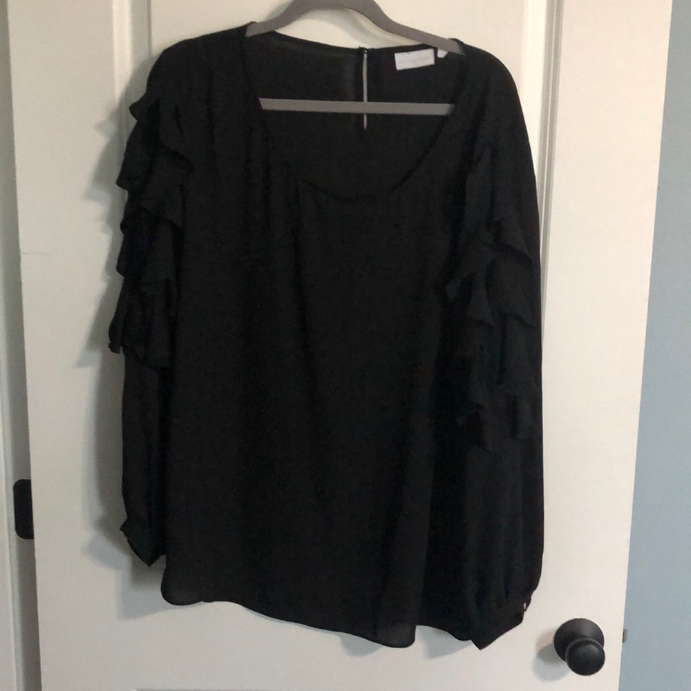 Black chiffon , lace &ruffle long sleeve blouse